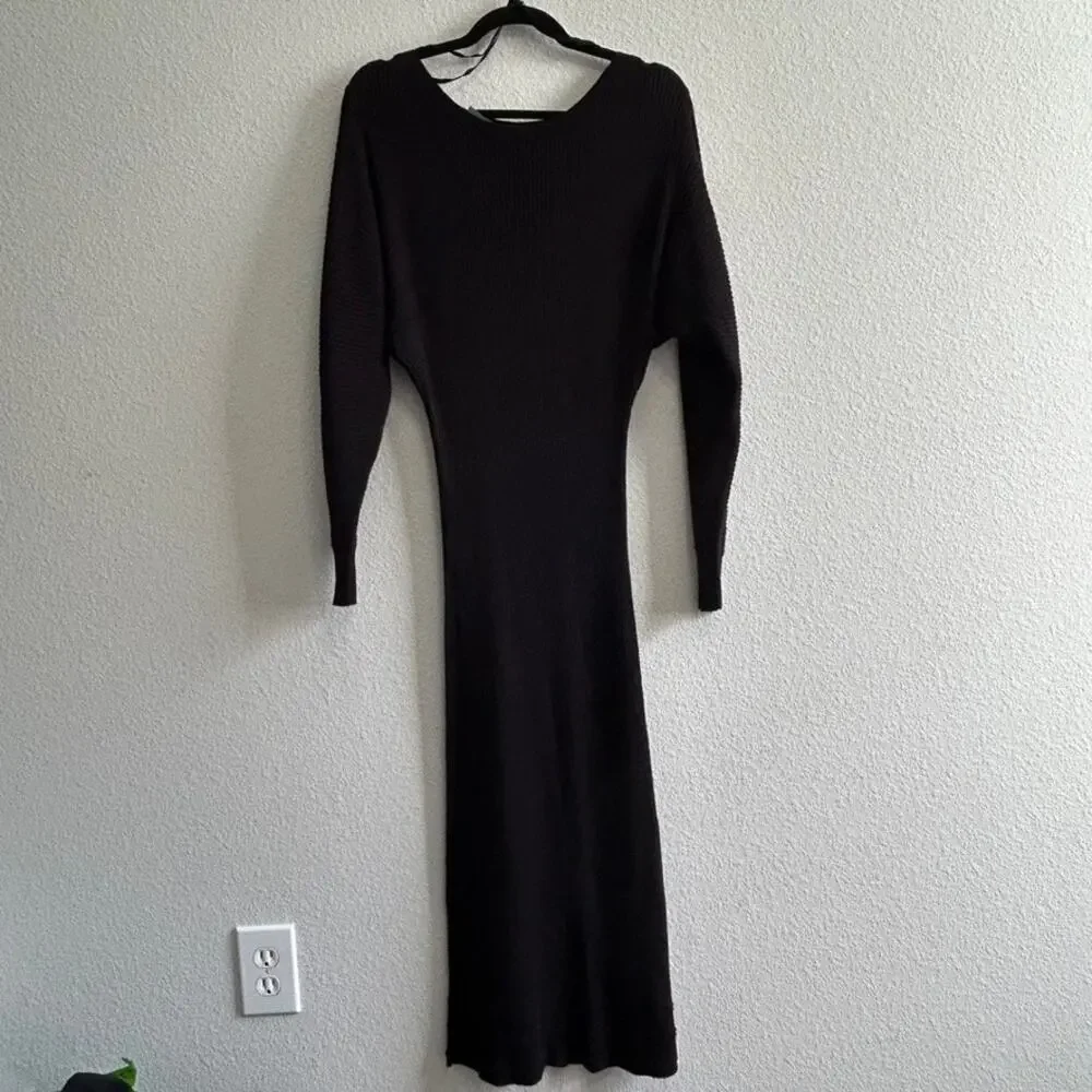 Anthropologie Shea Ribbed Rib Knit Sweater Midi Dress Black Boat Neck Small